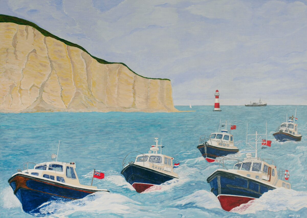 Schilderij met 5 Nelson boten met op de achtergrond de cliffs van Dover