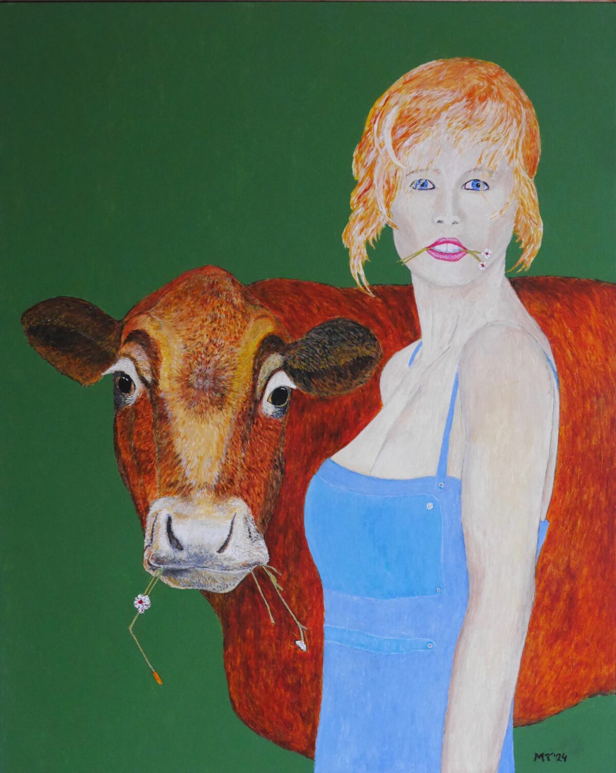 schilderij met een koe en een blonde dame