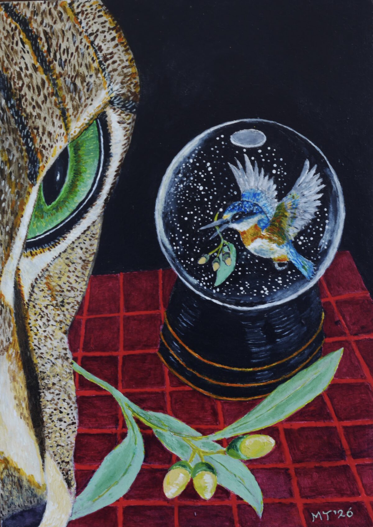 schilderij met kattenoog en vogel
